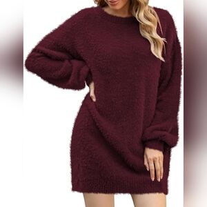 NWOT Cozy Fuzzy Crewneck Sweater Dress - Burgundy